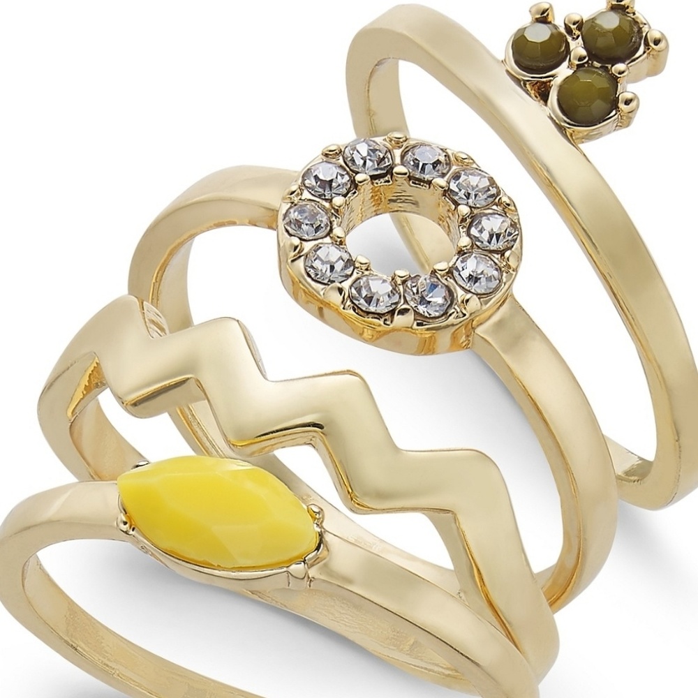 Gold tone 4 piece stone & crystal stackable rings